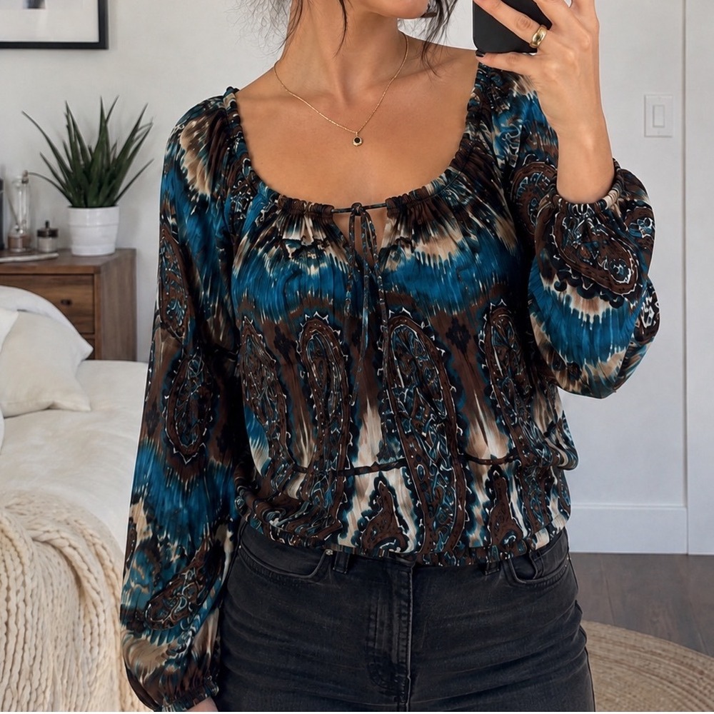 VTG y2k paisley brown blue lettuce hem wide‎ long sleeve blouse boho fairy L